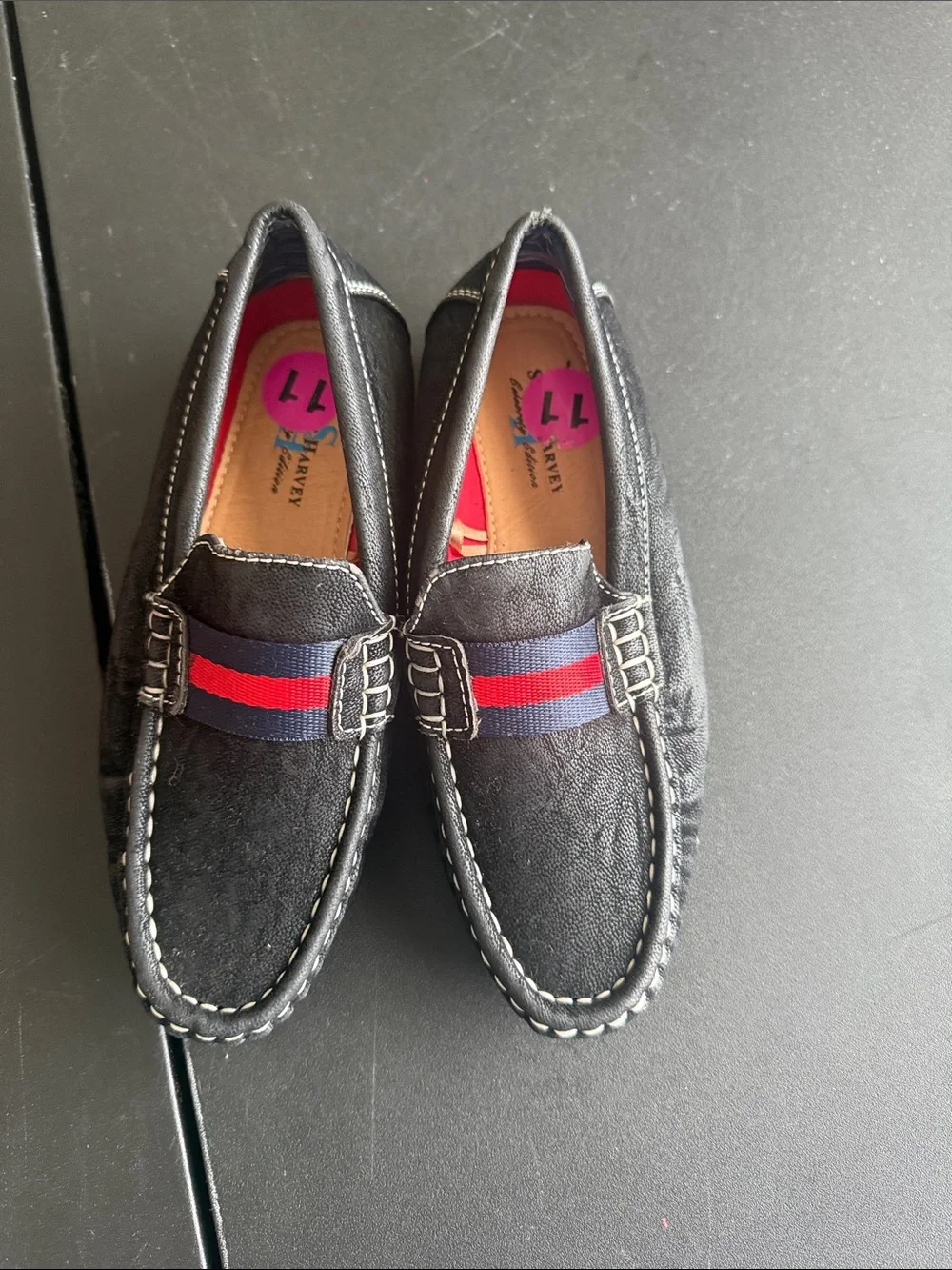Steve Harvey Black Slip-On Loafers with Red & Blue Band